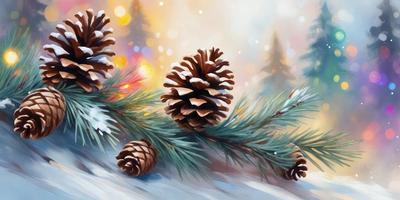 The primary subject of the image is a group of pine cones. They are arranged in a visually appealing manner, with some pine cones placed on top of each other. The setting is a snowy environment, with the pine cones sitting on a snow-covered surface. The visual style of the image is a painting, which adds a sense of artistic expression to the scene. The colors and mood of the painting are predominantly white and brown, creating a serene and peaceful atmosphere.